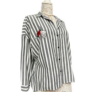 H&M Divided Striped Button-Up Shirt Skull Rose Embroidered Casual Grunge